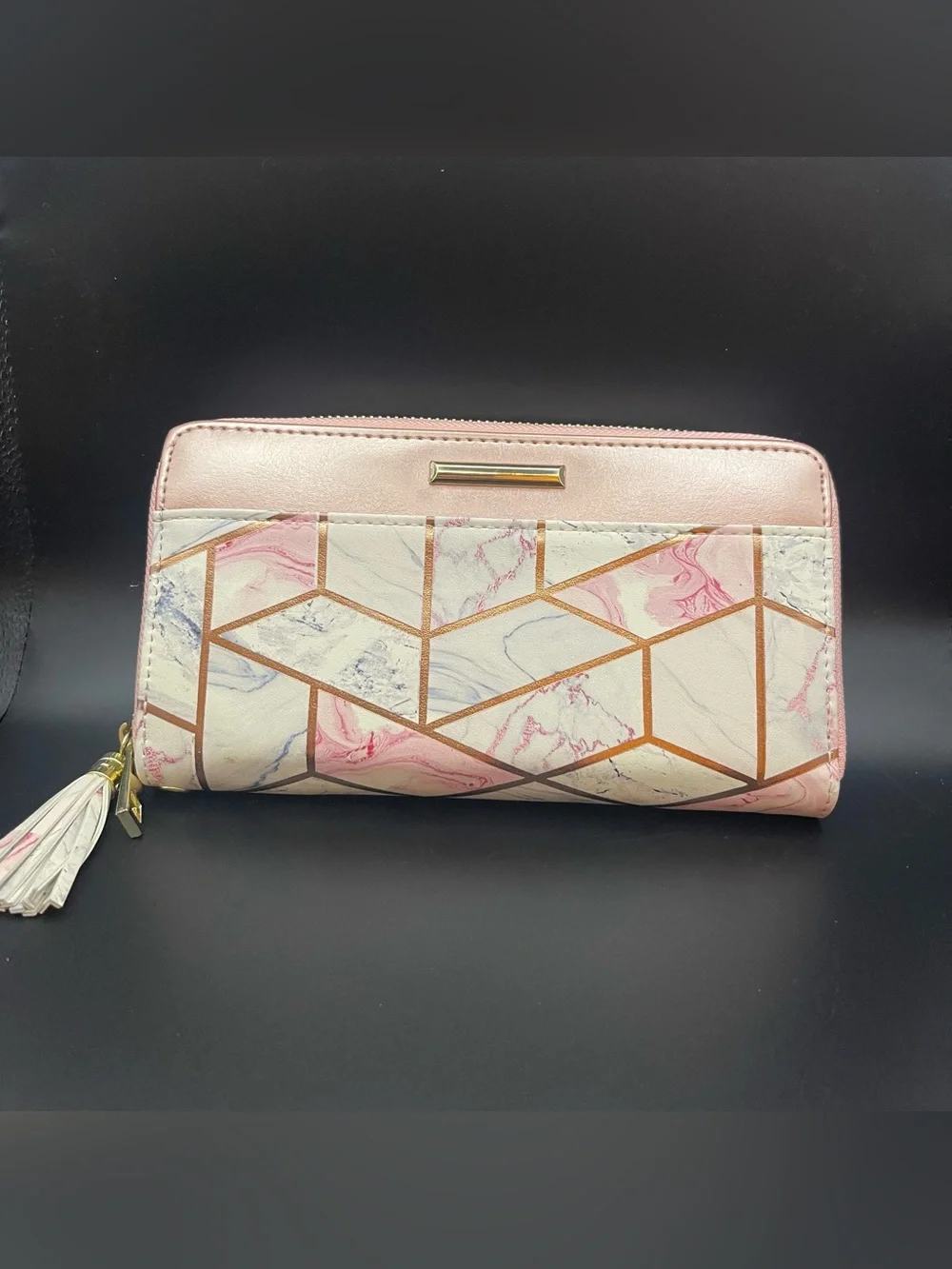 NWOT Coco Rossi Pink & Gold Geometric Marble Zip Around Clutch Wallet 7.5w x 4”H